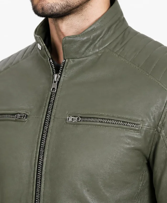 Salley Premium Military Green Cafe Racer Leather Jacket Men