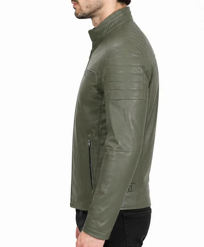 Salley Premium Military Green Cafe Racer Leather Jacket Mens