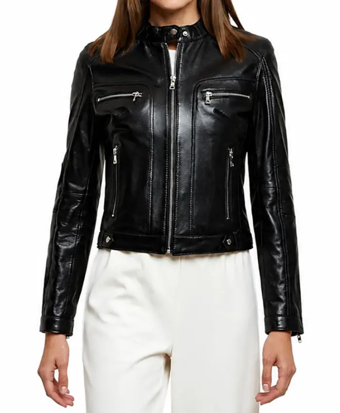 Sara Womens Black Leather Biker Motorcycle Black Jacket