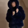 Sarah Navy Blue Fluffy Mink Fur Hooded Coat