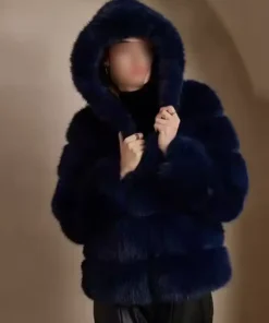 Sarah Navy Blue Fluffy Mink Fur Hooded Coat