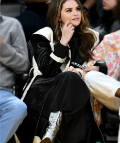 Selena Gomez Black And White Leather Trench Coat