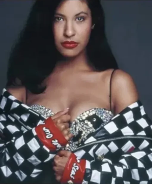 Selena Quintanilla Black and White Checkered Motorcycle Leather Jacket
