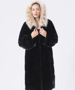 Selene Fur Hooded Black Mink Fur Long Coat