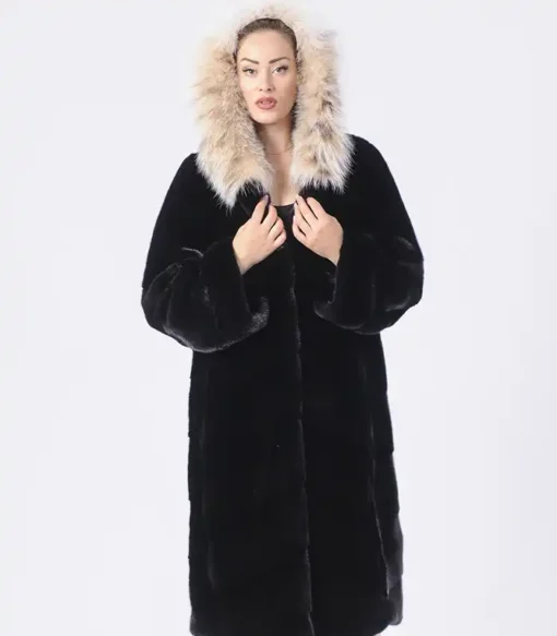 Selene Fur Hooded Black Mink Fur Long Coat