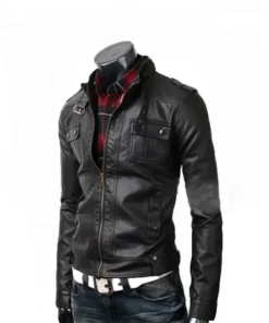 Slim Fit Leather Jacket Rider Strap Pocket Vintage Belted