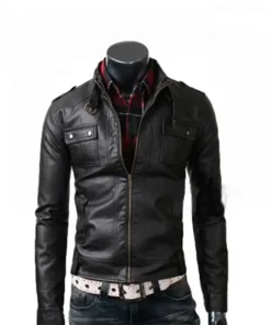 Slim Fit Leather Jacket Vintage Belted Rider Strap Pocket