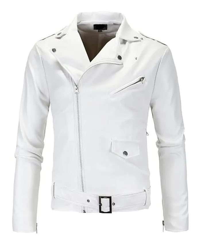 Slim Fit White Leather Jacket Biker Lambskin