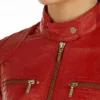 Snap Tab Collar Red Sheepskin Leather Jacket For Womens