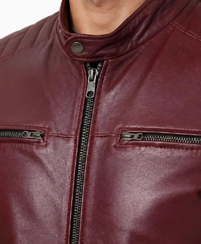 Splawn Men Premium Cafe Racer Slim Fit Leather Maroon Jacket