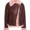 Stacy-SF Aviator Pilot Asymmetrical Burgundy Shearling Lined Bomber Leather Jacket
