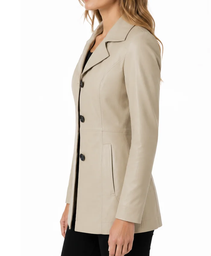 Stclair Lapel Collar Beige Leather Mid-length Blazer For Women