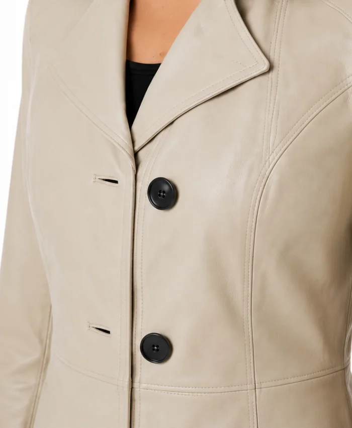 Stclair Lapel Collar Beige Leather Mid-length Blazer For Womens