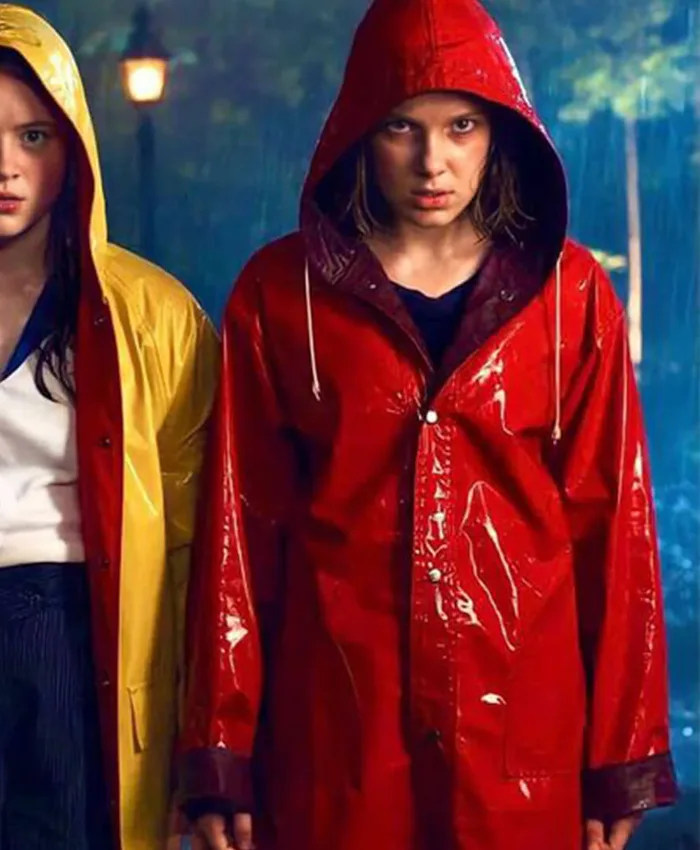 Stranger Things Eleven Red Rain Leather Coat With Hood LJB