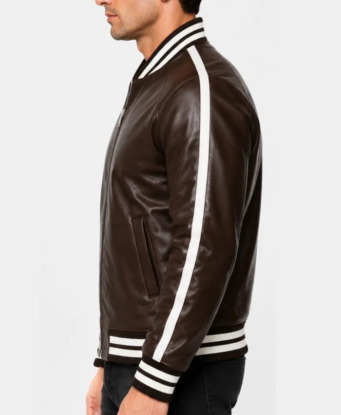 Striped Leather Bomber Jacket For Mens