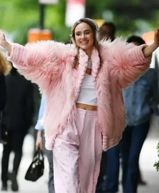 Suki Waterhouse NYC Furry Pink Fur Jacket
