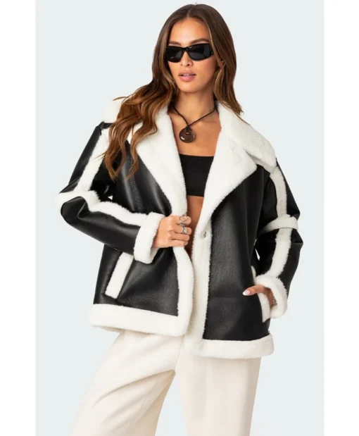 Sylvia J Edikted Black Oversized Faux Leather Shearling Jacket