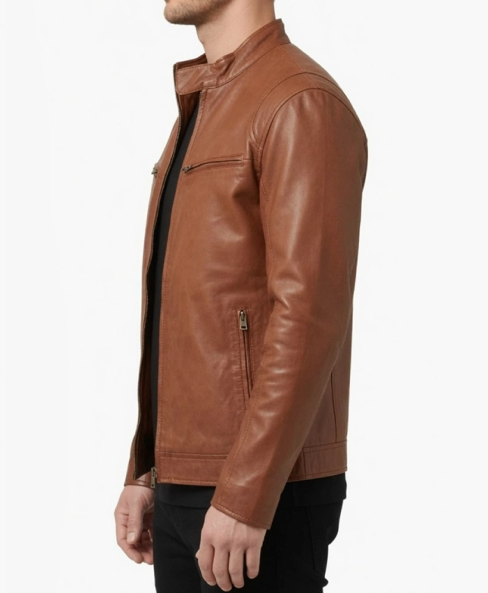 Men Biker Leather Jackets Tan Brown - Image 3