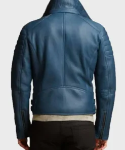 Taylor Shearling Blue Asymmetrical Genuine Sheepskin Leather Jacket with YKK Zipper Closure