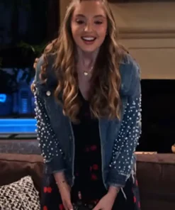 The Expanding Universe of Ashley Garcia Bella Podaras Blue Studded Denim Jacket
