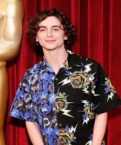 Timothée Chalamet Blue And Black Printed Shirt