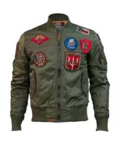 Top Gun Green MA-1 Flight Patched Zip Up Bomber Jacket