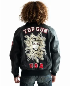 Top Gun Medusa Black Zip Up Real Leather Bomber Jacket