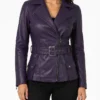 Totten Womens Asymmetrical Purple Belted Leather Jacket