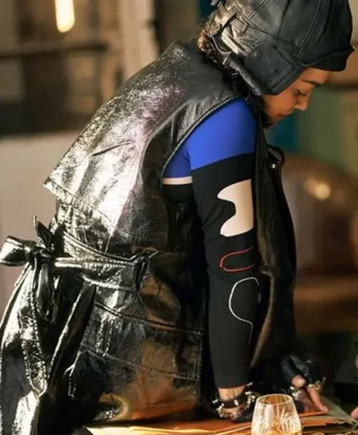 Twist Rita Ora Black Leather Sleeveless Long Coat