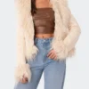 Vicky A Edikted Women Faux Fur Trim Cream Coat