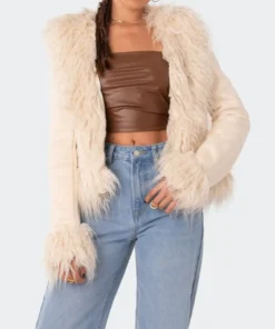 Vicky A Edikted Women Faux Fur Trim Cream Coat
