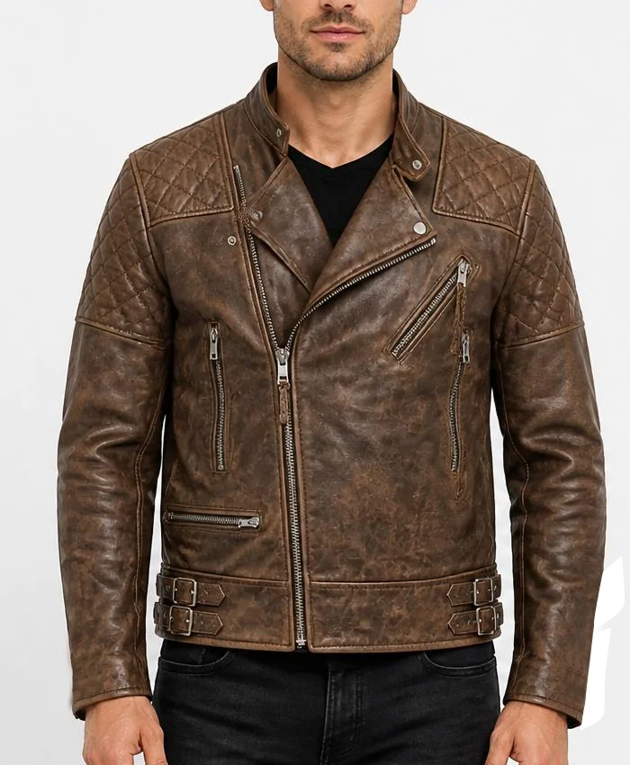 Vintage Distressed Brown Motorcycle Jacket For Mens