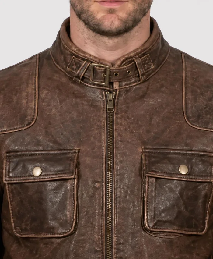 Vintage Motorcycle Brown Distressed Leather Jacket For Men
