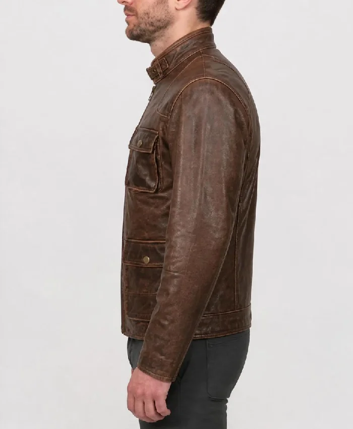 Vintage Motorcycle Brown Distressed Leather Jacket For Mens