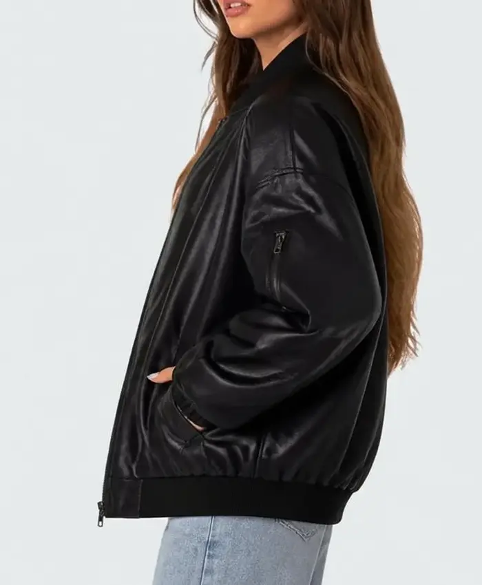 Virginia Edikted Black PU Leather Bomber Jacket For Women