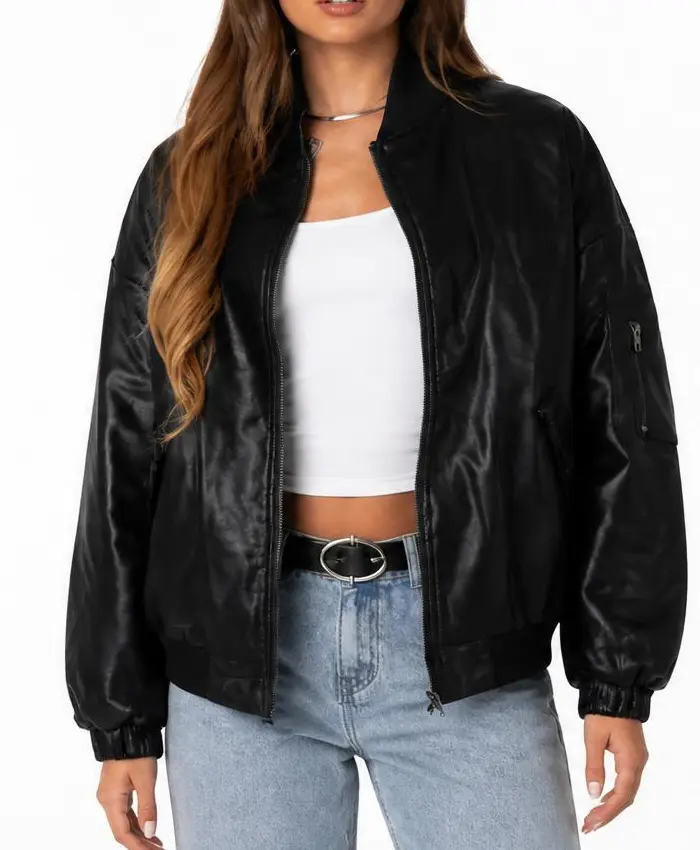 Virginia Edikted Women PU Leather Bomber Black Jacket