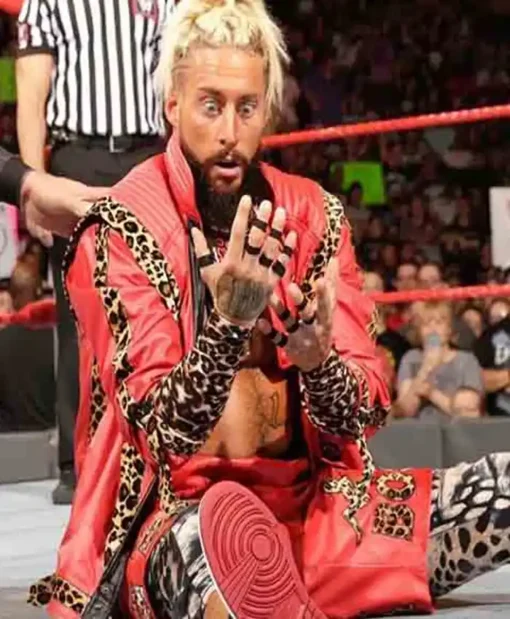 WWE Enzo Amore Leopard Pattern Leather Red Jacket