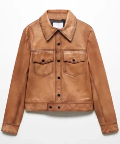 Wallace Mango Beige Shirt Collar Leather Jacket With Button