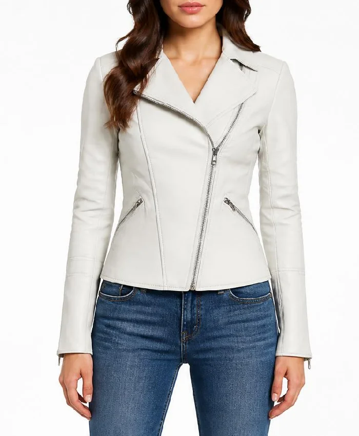 White Motorcycle Slim Fit Biker Leather Jacket For Women
