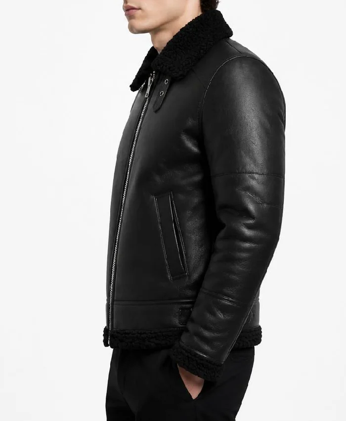 Winter Fur Collar Black Leather Jacket For Mens