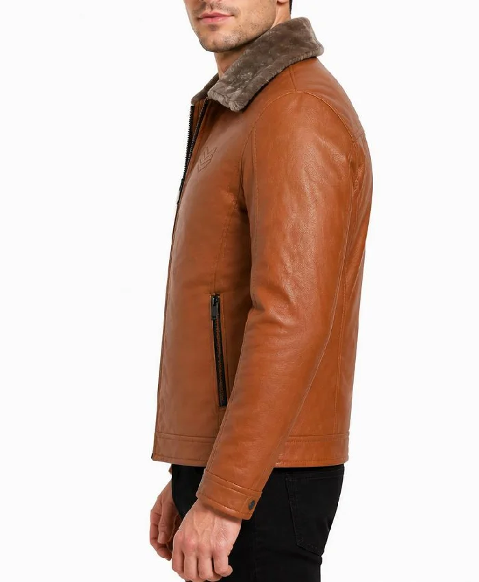Winter Fur Collar Mustard Leather Jacket For Mens