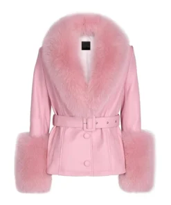 Winter Fur Collar Pink Leather Jacket