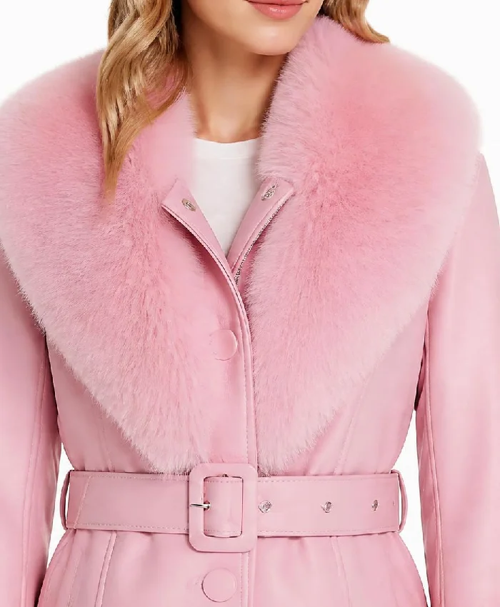 Winter Fur Collar Pink Leather Jacket For Women