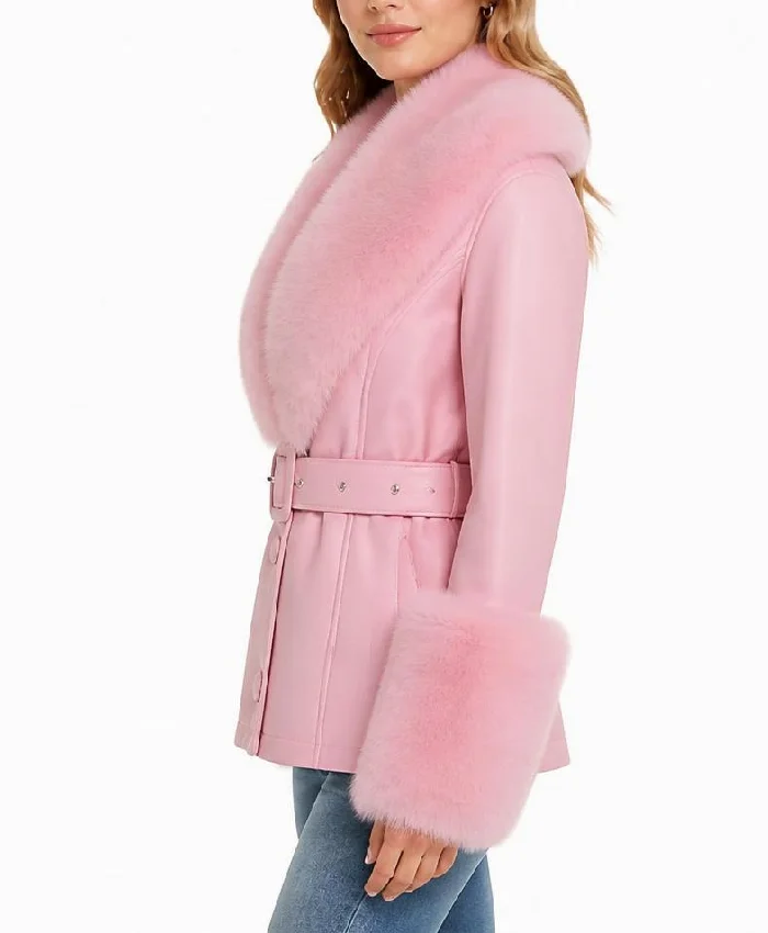 Winter Fur Collar Pink Leather Jacket For Womens