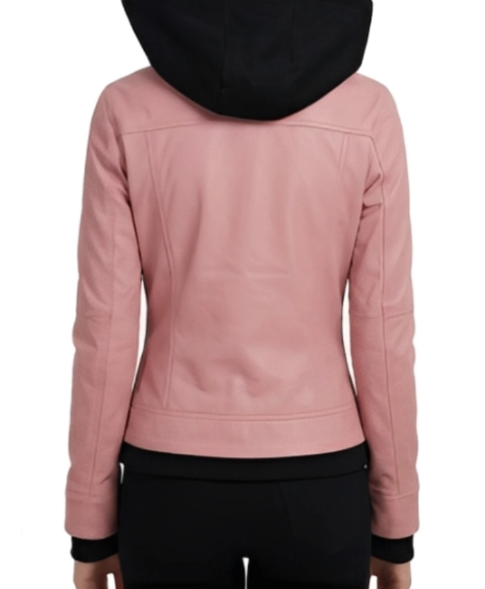Gerard Women Pink Leather Bomber Jacket With Removable Hood