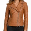 Women Motorcycle Slim Fit Tan Brown Leather Classic Jacket