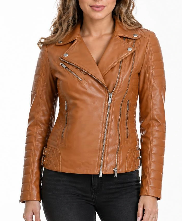 Women Motorcycle Slim Fit Tan Brown Leather Classic Jacket