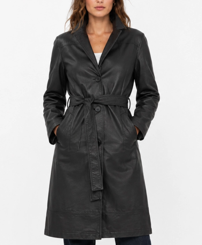 Womens Noise Luna Black Fur Trench Coat with Belt