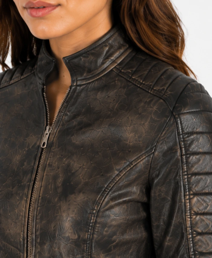 Women Quilted Distressed Brown Jacket