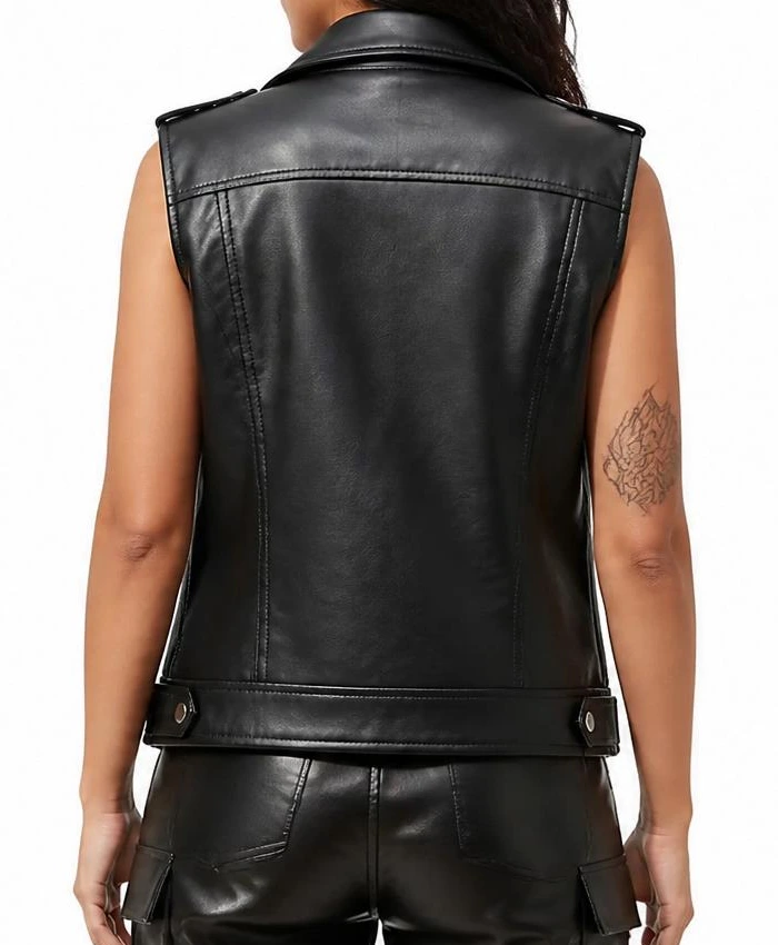 Women Real Leather Black Biker Vest
